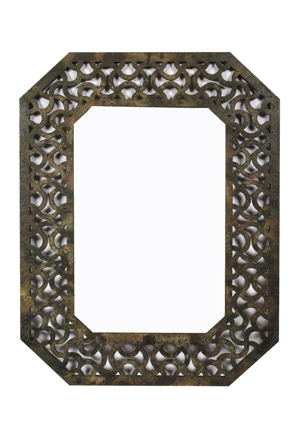 Octagonal Wooden Mirror With Distressed Finish And Bezel Pattern Bronze