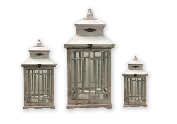 Wooden Lanterns With Peak Shaped Top And Glass Sides Set Of 3 Gray