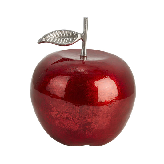 13 Inch Aluminum Apple Accent Decor With Branch And Leaf Red And Silver