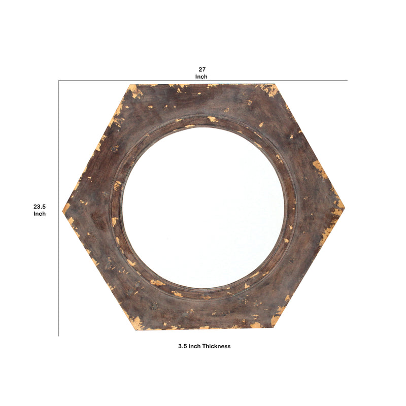 Rustic Style Wooden Wall Mirror With Hexagonal Frame Silver And Brown-zoom-