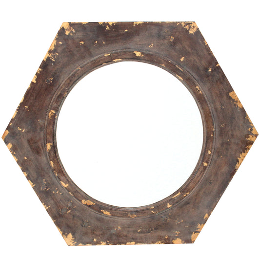 Rustic Style Wooden Wall Mirror With Hexagonal Frame Silver And Brown