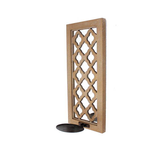 Wooden Rectangular Candle Holder With Quatrefoil Pattern Brown And Silver