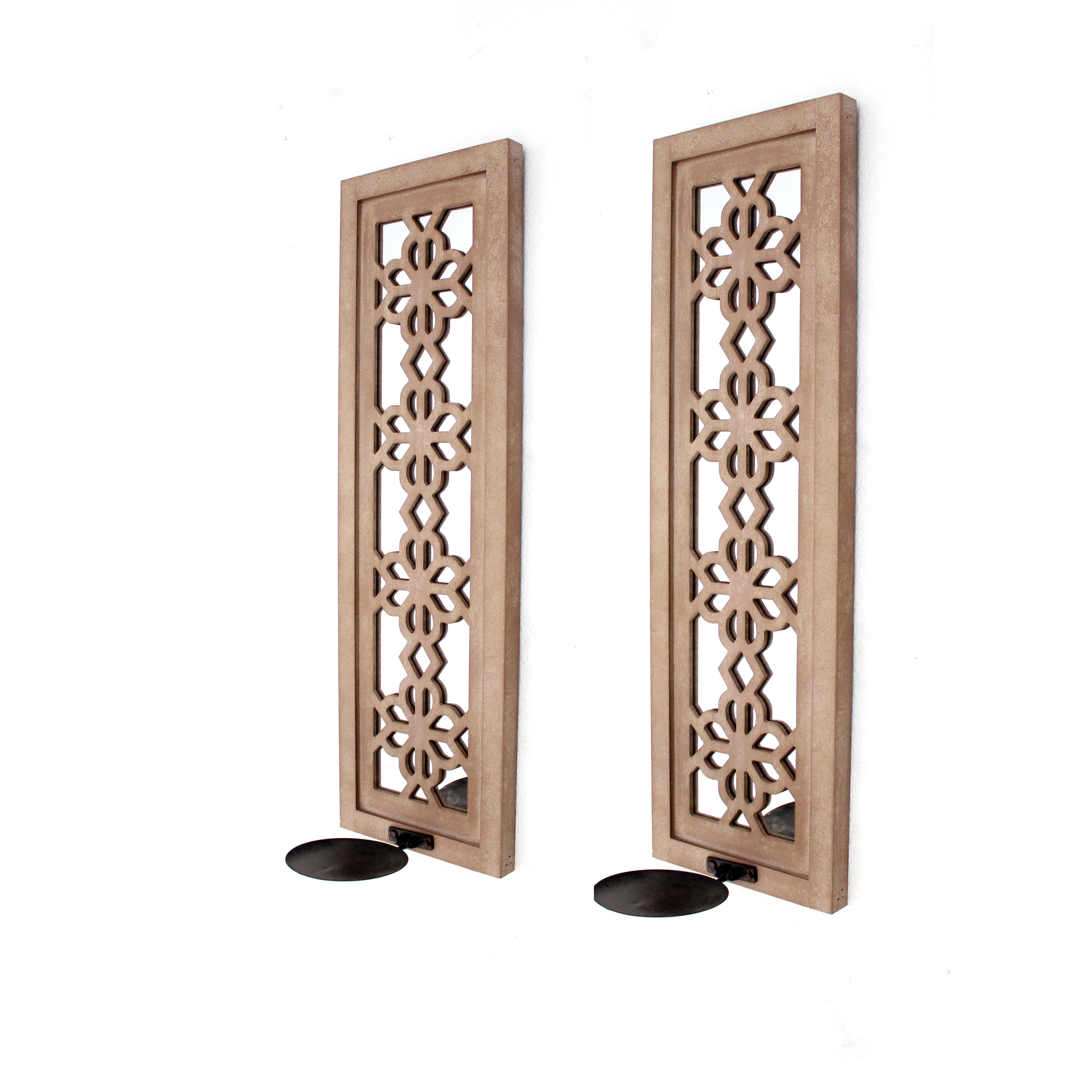 Rectangular Wood Candle Holder With Floral Lattice Design Set Of 2 brown-zoom-1
