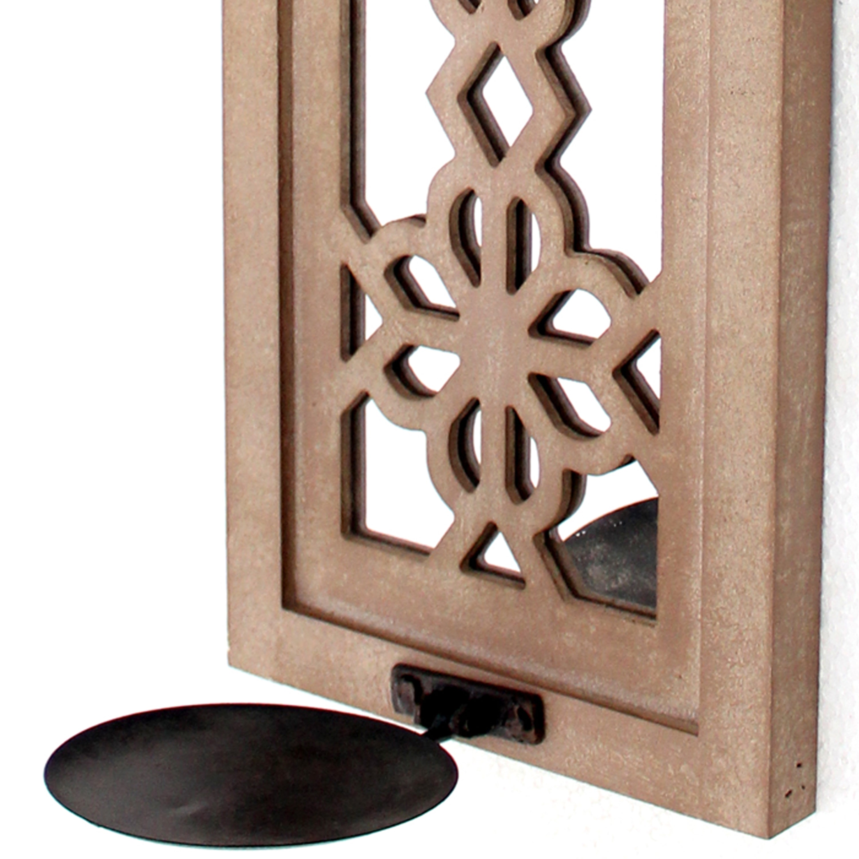 Rectangular Wood Candle Holder With Floral Lattice Design Set Of 2 brown-zoom-2
