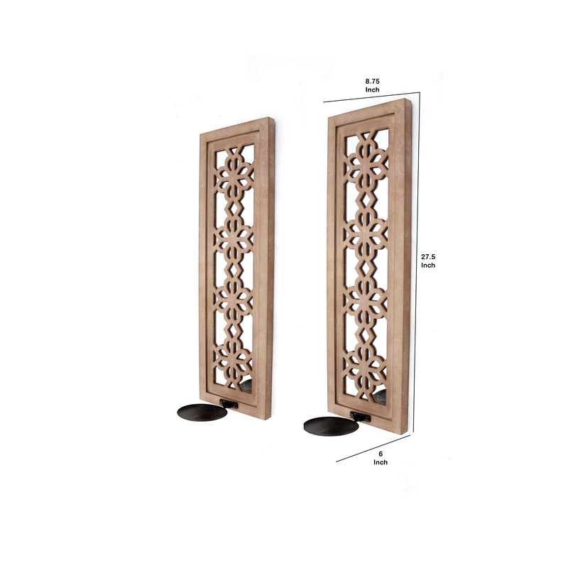 Rectangular Wood Candle Holder With Floral Lattice Design Set Of 2 brown-zoom-