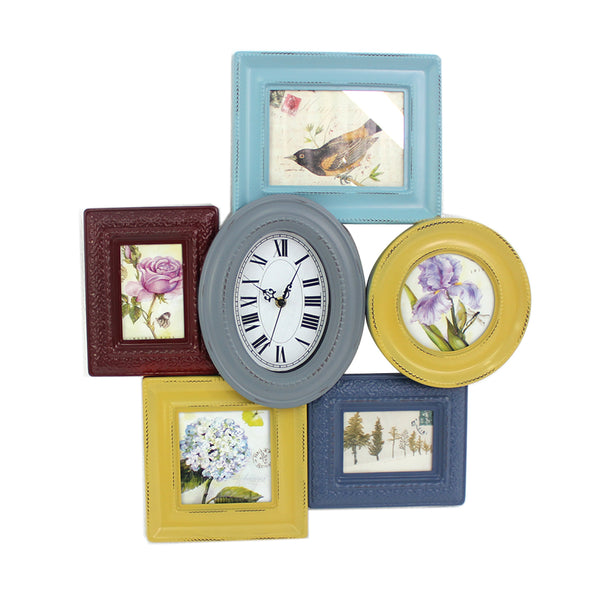 7 Piece Wall Decor With Oval Shape Clock At Centre Multicolor