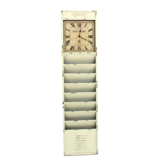 Antique Rustic Style Clock Design Wall Organizer With 6 Slots White