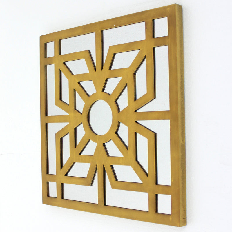 Mirrored Wall Decor With Wooden Floral Overlay On Top Gold And Silver-zoom-