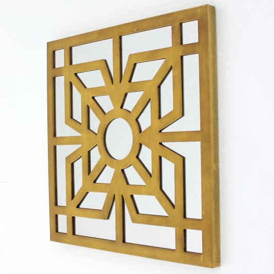 Mirrored Wall Decor With Wooden Floral Overlay On Top Gold And Silver