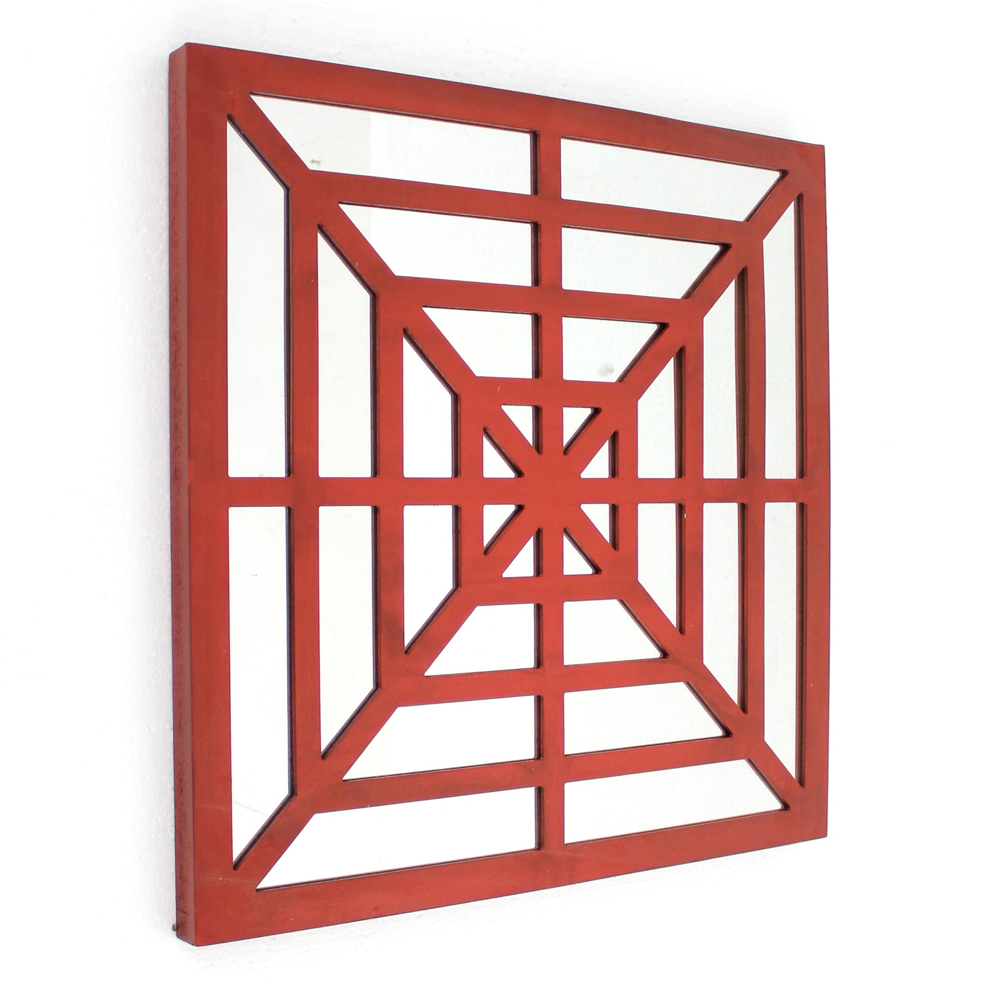 Wooden Wall Decor With Concentric Square Design On Top Red And Silver-zoom-1