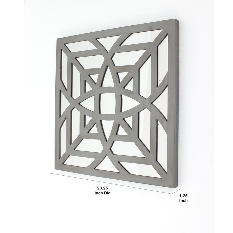 23 X 23 Mirrored Wall Decor With Geometric Wood Cut Out Gray-zoom-