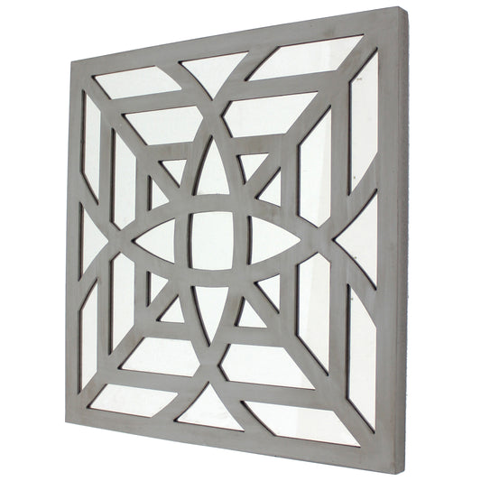 23 X 23 Mirrored Wall Decor With Geometric Wood Cut Out Gray