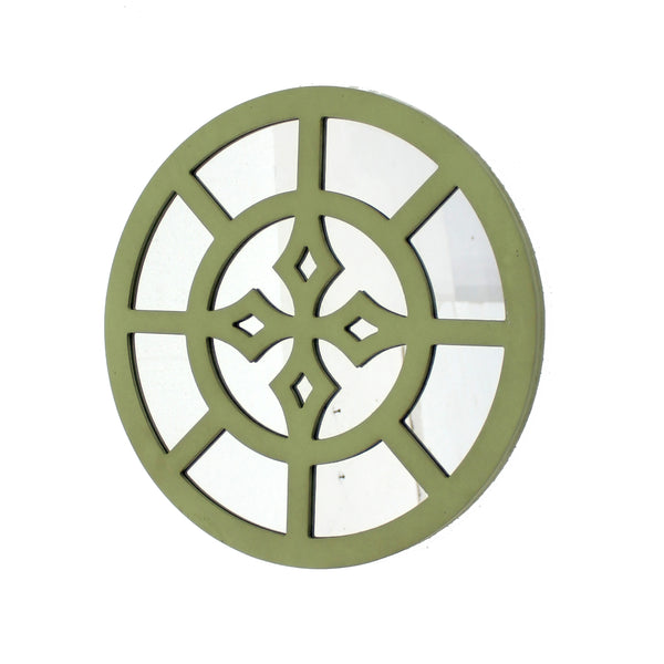 Round Wooden Wall Decor With Minimalist Pattern On Top Green And Silver