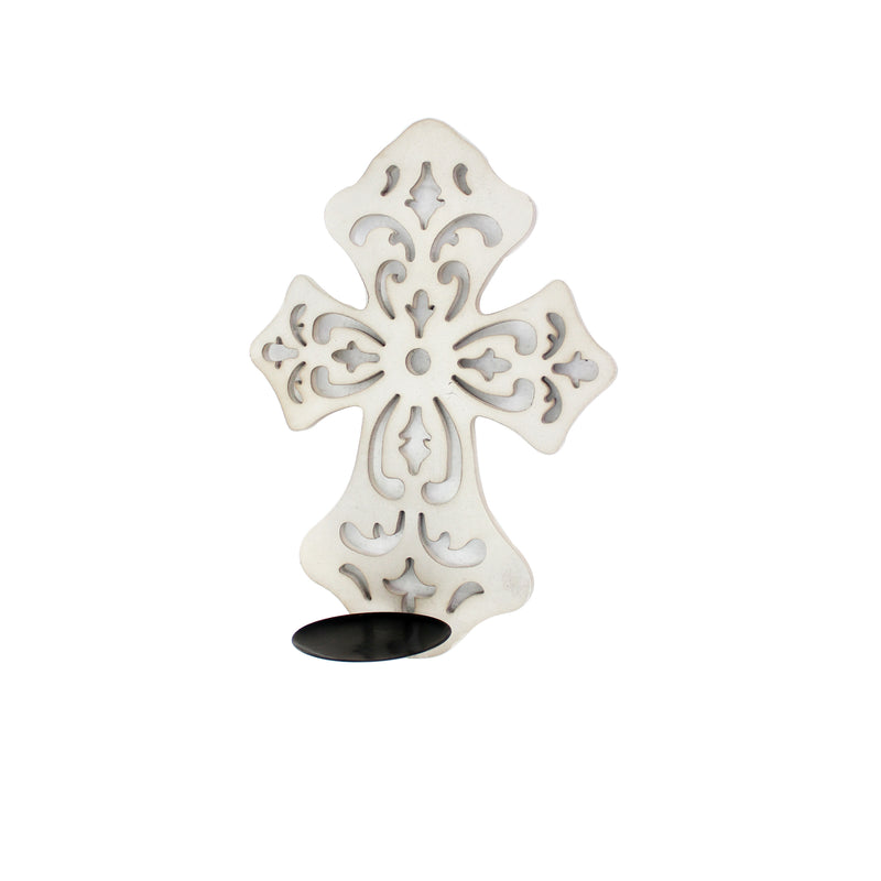 Cross Shaped Wooden Candle Holder With Scrolled Engravings White-zoom-
