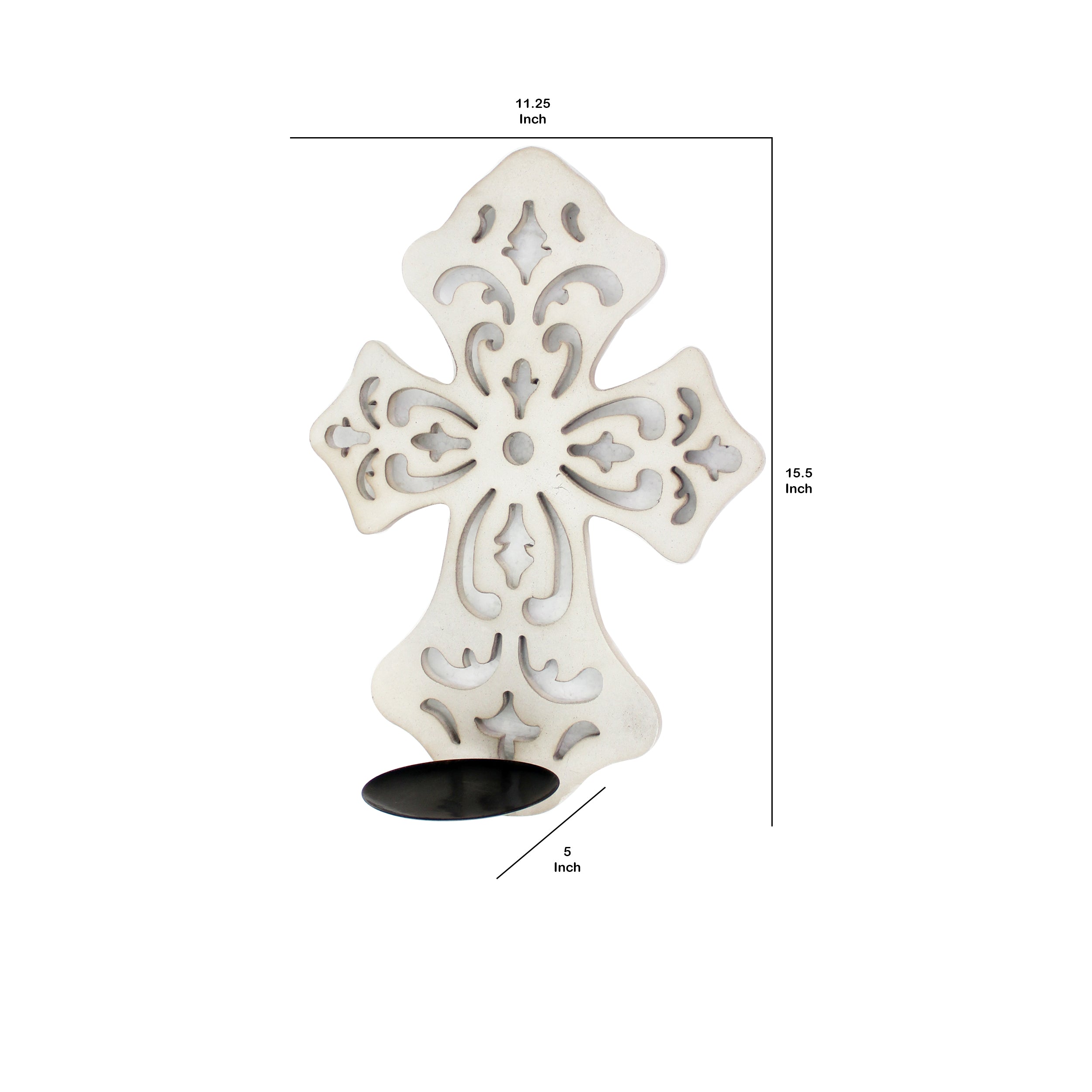 Cross Shaped Wooden Candle Holder With Scrolled Engravings White-zoom-5