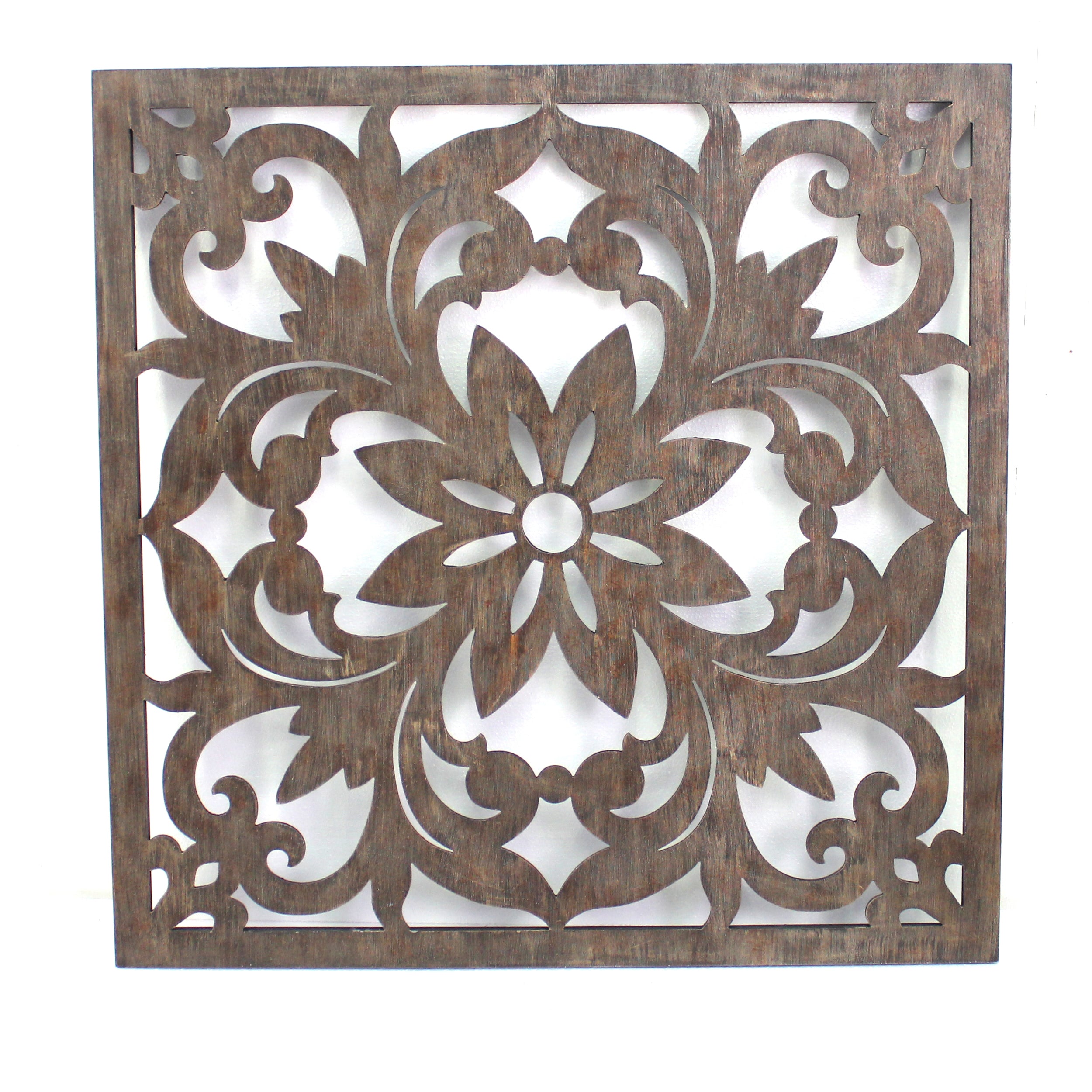 Traditional Square Shape Wooden Wall Decor With Floral Engraving Brown