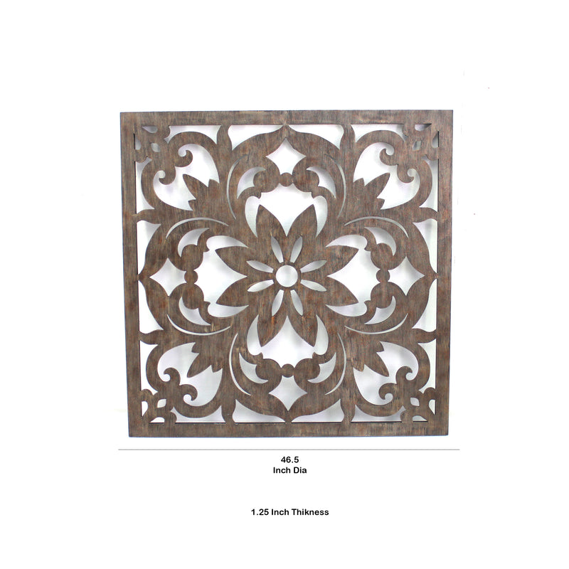 Traditional Square Shape Wooden Wall Decor With Floral Engraving Brown-zoom-