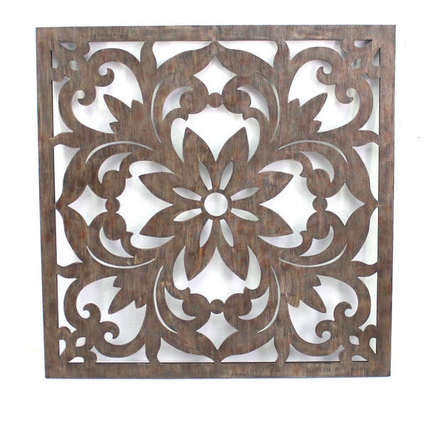 Traditional Square Shape Wooden Wall Decor With Floral Engraving Brown