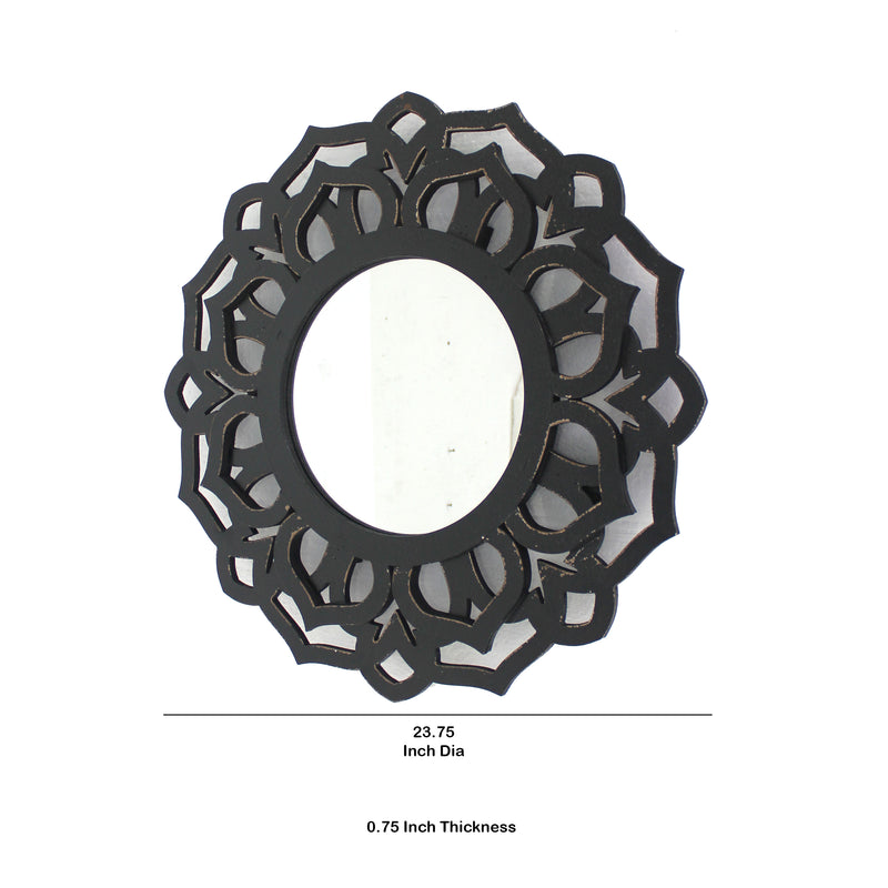 Wooden Mirror Blooming Lotus Wall Decor With Floral Engraving Black-zoom-