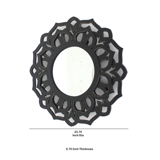 Wooden Mirror Blooming Lotus Wall Decor With Floral Engraving Black