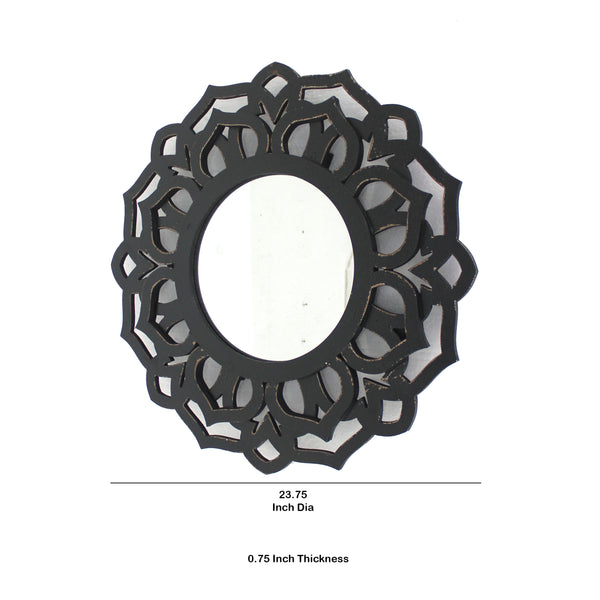 Wooden Mirror Blooming Lotus Wall Decor With Floral Engraving Black