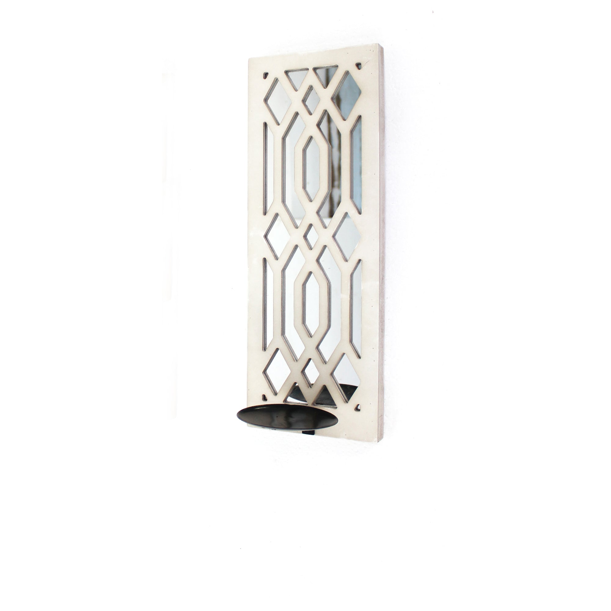 17 Inch Mirrored Wall Art Candle Holder Sconce Lattice Design White