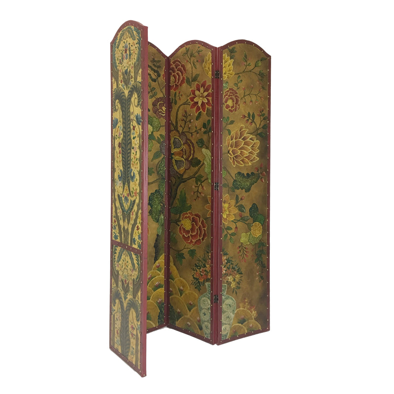 Wooden Double Sided 4 Panel Room Divider with Floral Motifs, Multicolor-zoom-