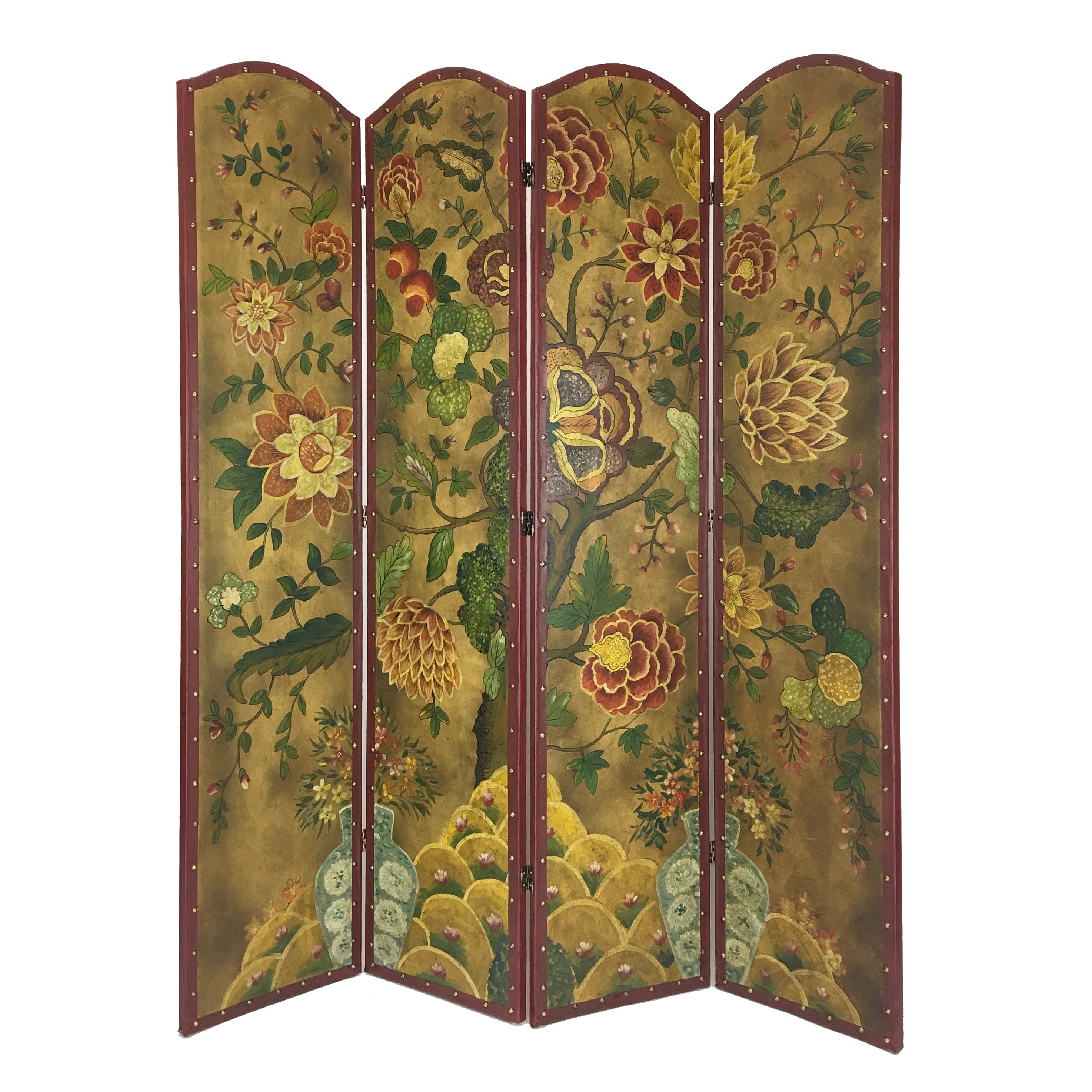 Wooden Double Sided 4 Panel Room Divider with Floral Motifs, Multicolor