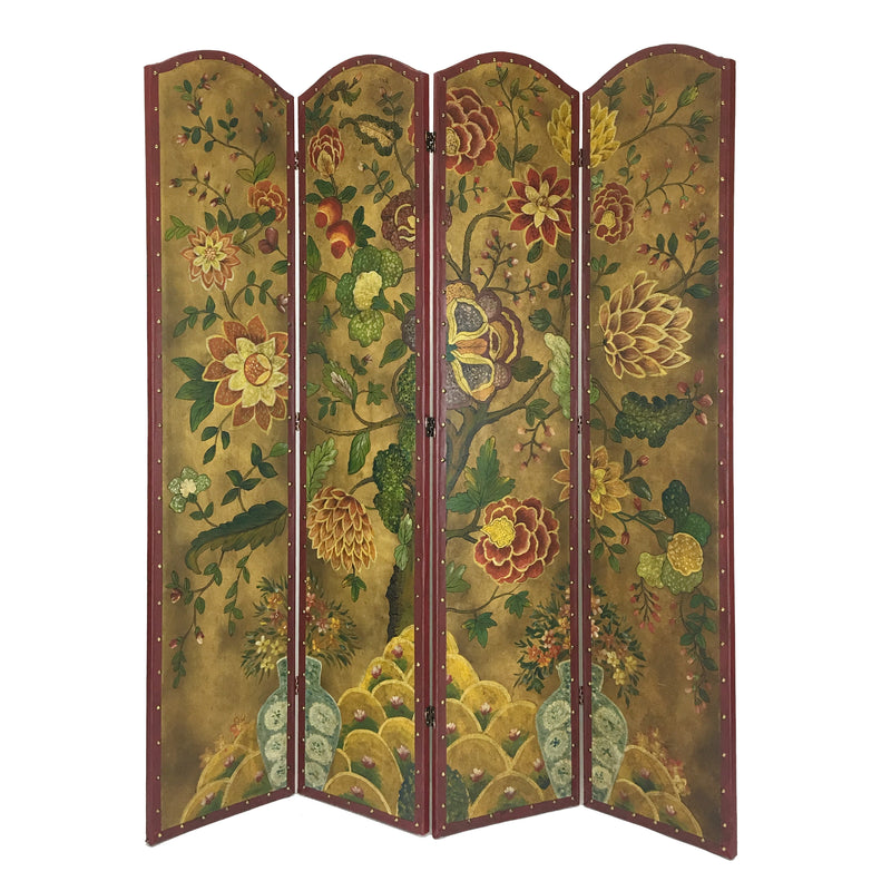 Wooden Double Sided 4 Panel Room Divider with Floral Motifs, Multicolor-zoom-