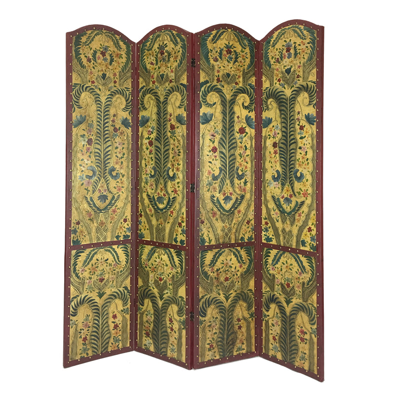Wooden Double Sided 4 Panel Room Divider with Floral Motifs, Multicolor-zoom-