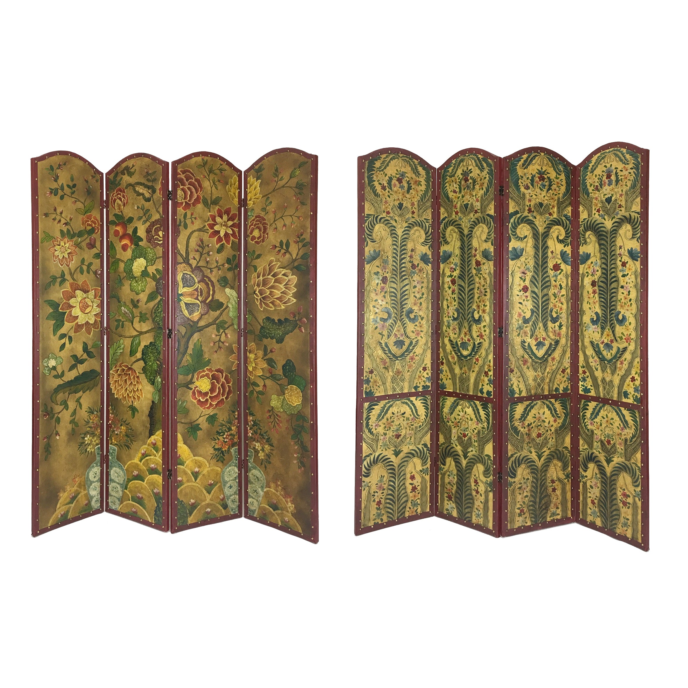 Wooden Double Sided 4 Panel Room Divider with Floral Motifs, Multicolor-zoom-4