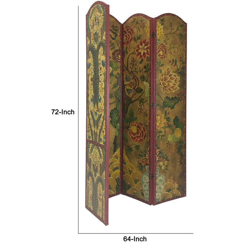 Wooden Double Sided 4 Panel Room Divider with Floral Motifs, Multicolor-zoom-