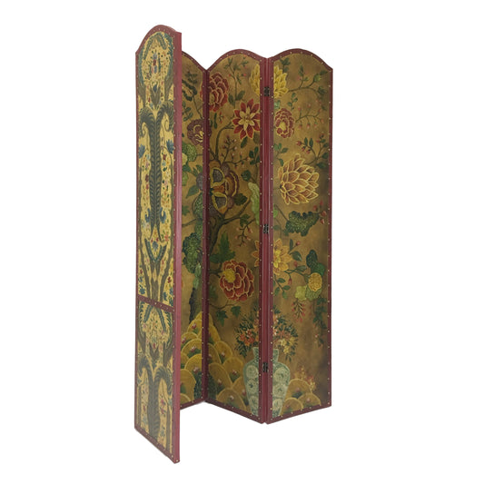Wooden Double Sided 4 Panel Room Divider with Floral Motifs, Multicolor