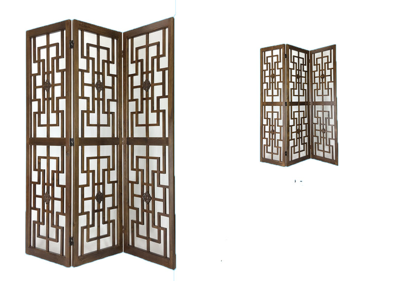 Wooden 3 Panel Room Divider with Intricate Square Design, Brown-zoom-