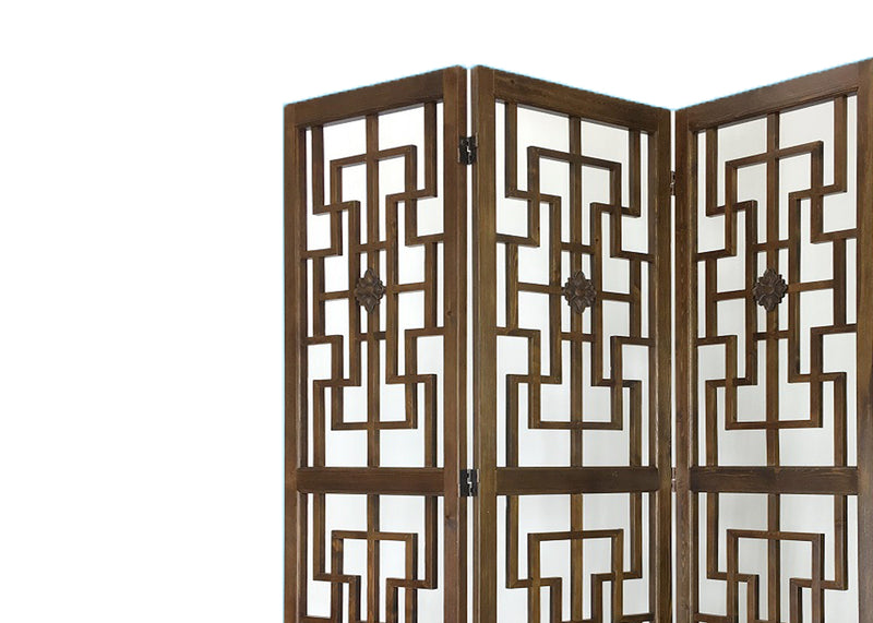 Wooden 3 Panel Room Divider with Intricate Square Design, Brown-zoom-
