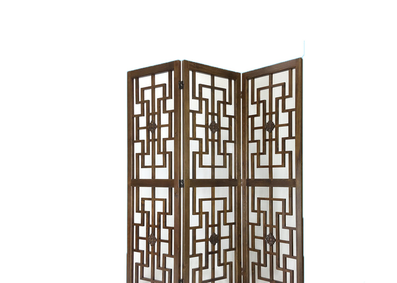 Wooden 3 Panel Room Divider with Intricate Square Design, Brown-zoom-