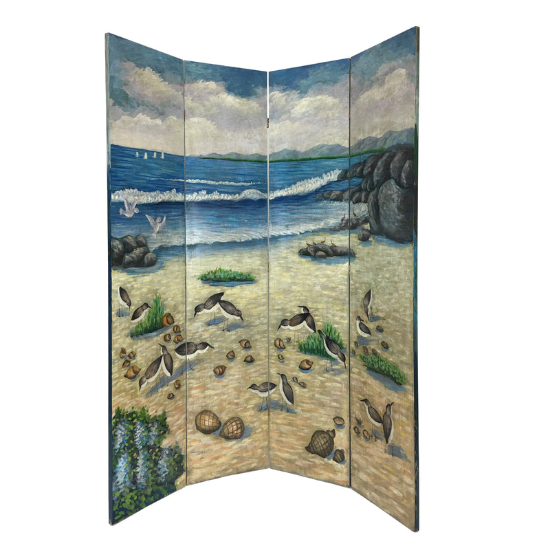 Wooden Double Sided 4 Panel Room Divider with Ocean Prints, Multicolor-zoom-