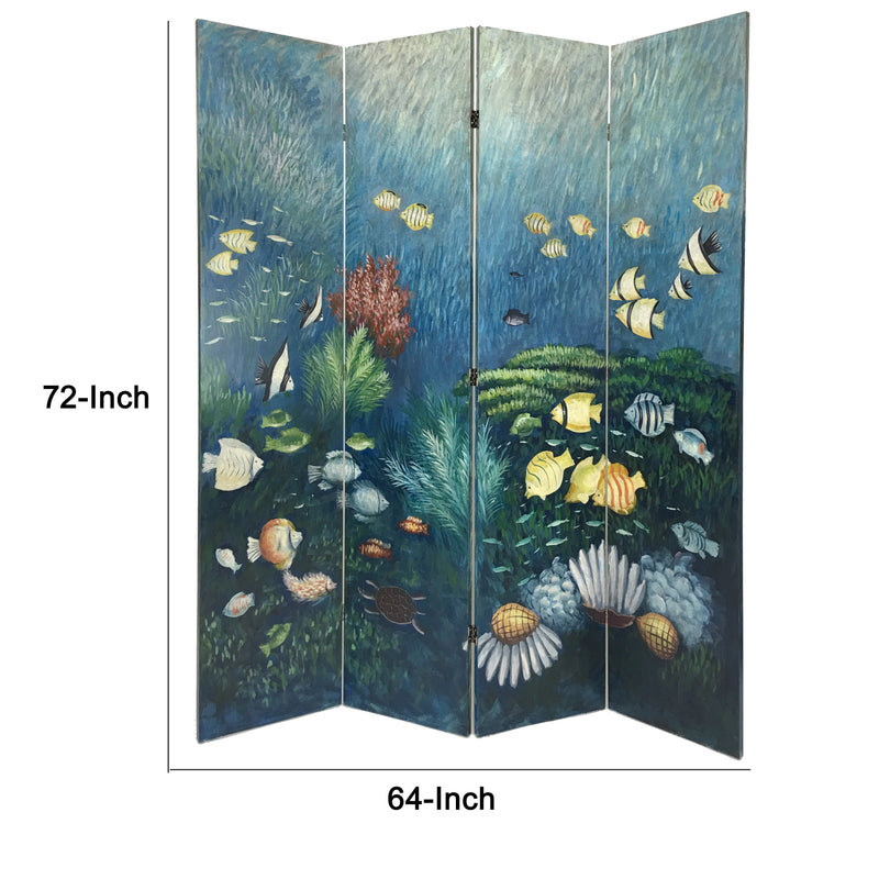 Wooden Double Sided 4 Panel Room Divider with Ocean Prints, Multicolor-zoom-
