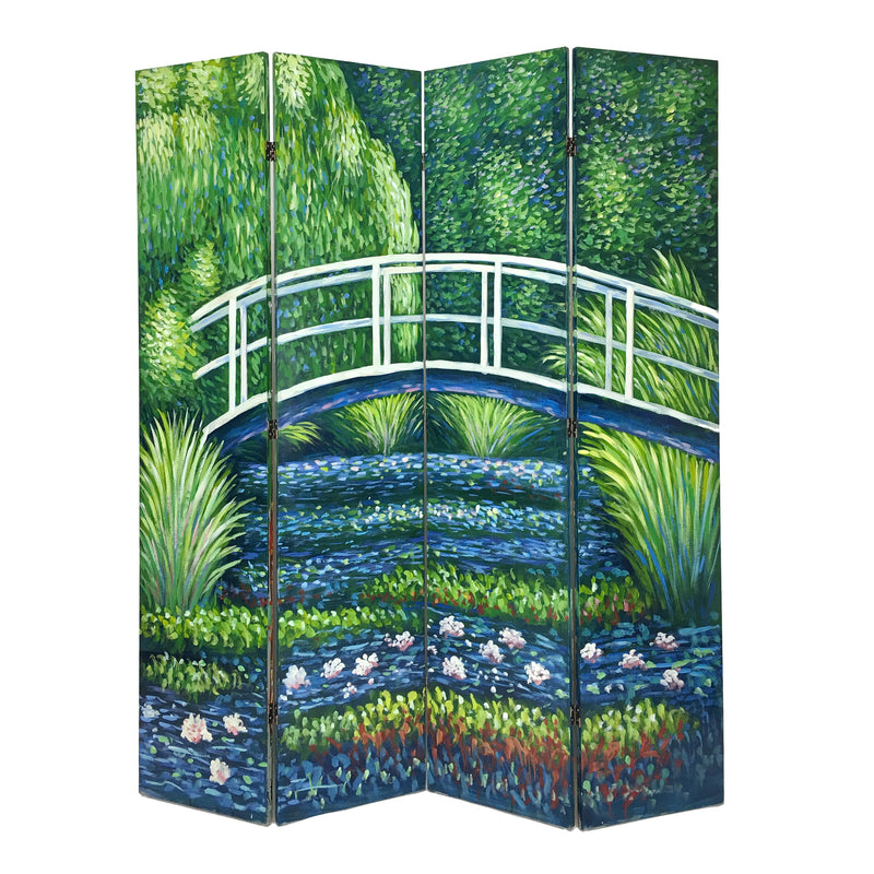 Wooden Double Sided 4 Panel Room Divider with Landscape Scene, Multicolor-zoom-