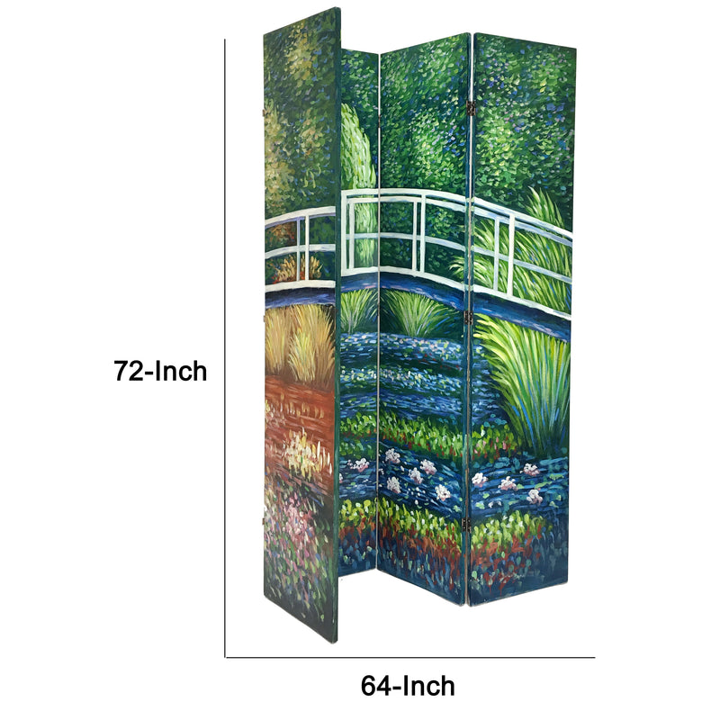 Wooden Double Sided 4 Panel Room Divider with Landscape Scene, Multicolor-zoom-