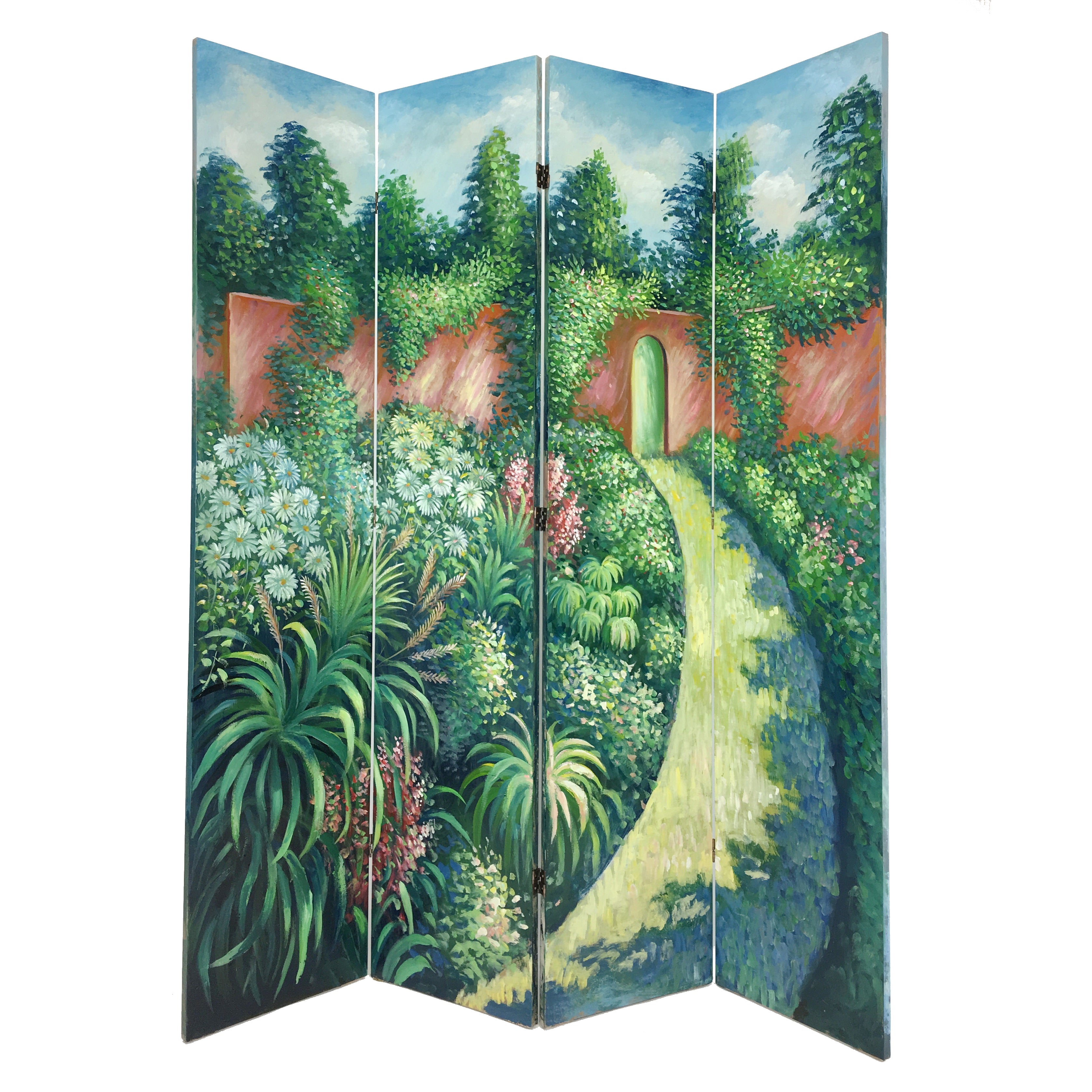 Wooden Double Sided 4 Panel Room Divider with Garden Scenes, Multicolor-zoom-3