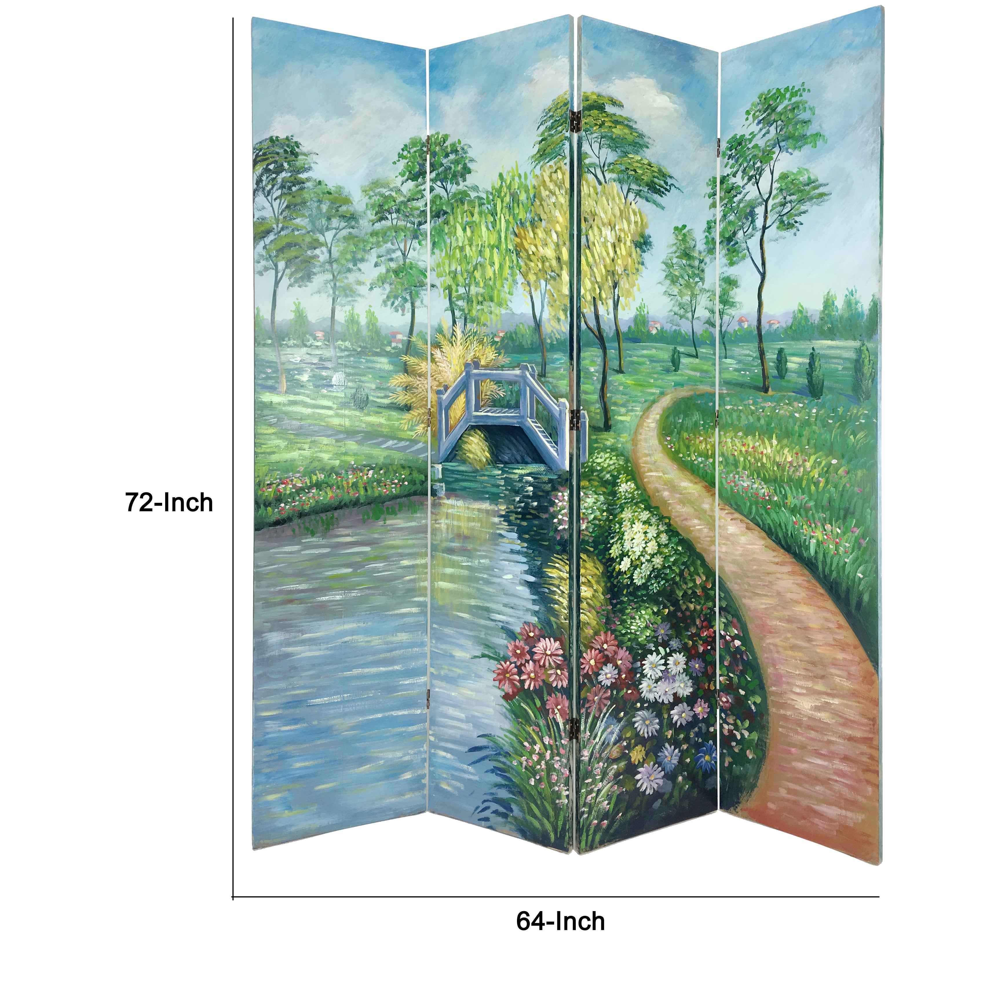 Wooden Double Sided 4 Panel Room Divider with Garden Scenes, Multicolor-zoom-5