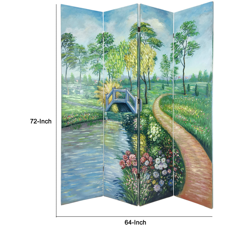 Wooden Double Sided 4 Panel Room Divider with Garden Scenes, Multicolor-zoom-