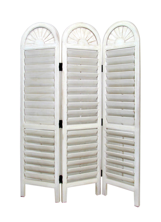 Wooden 3 Panel Room Divider with Slatted Shutter Design, White