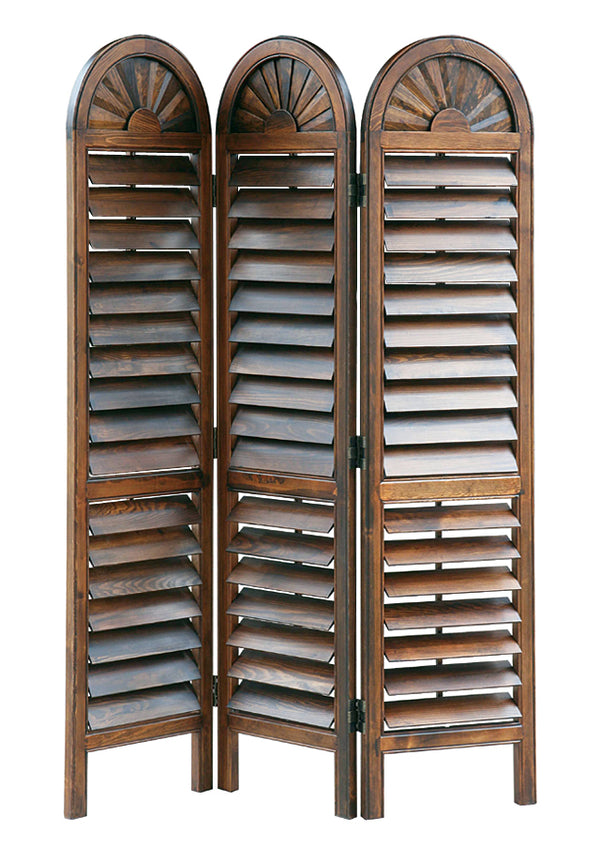 Wooden 3 Panel Room Divider with Slatted Shutter Design, Brown