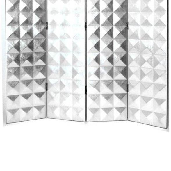 Wooden 4 Panel Room Divider with Raised Geometric Prism Design, Silver-zoom-4