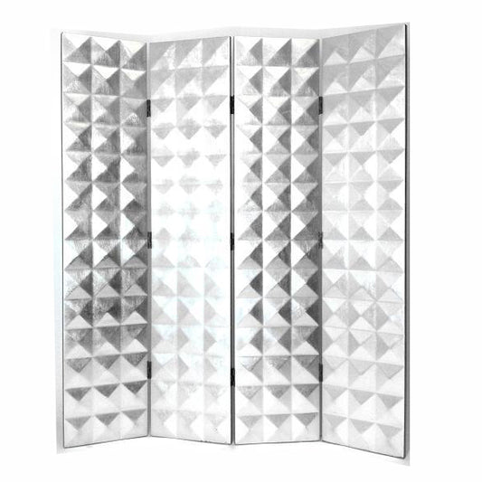 Wooden 4 Panel Room Divider with Raised Geometric Prism Design, Silver