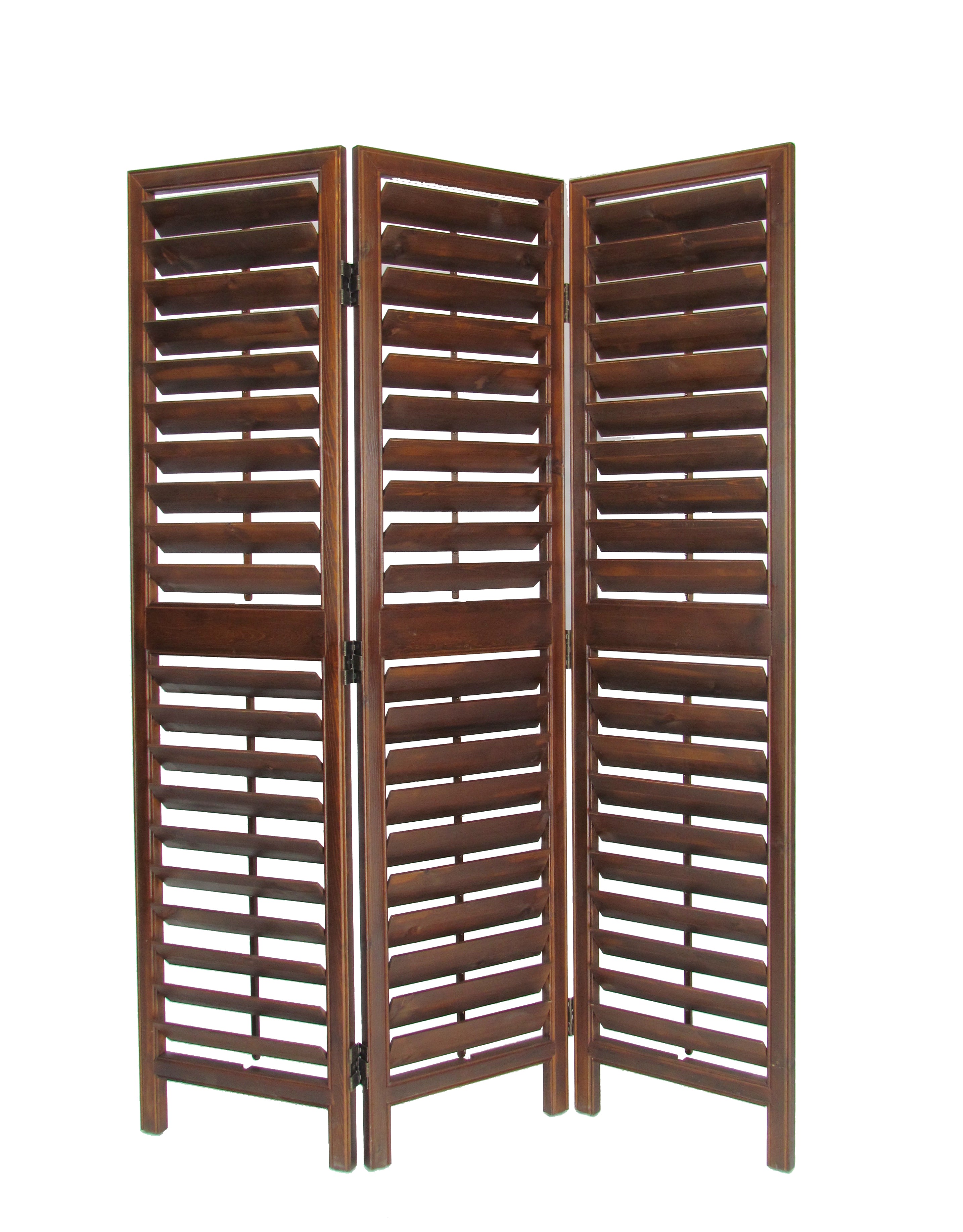 Wooden 3 Panel Room Divider with Slatted Design, Brown-zoom-1