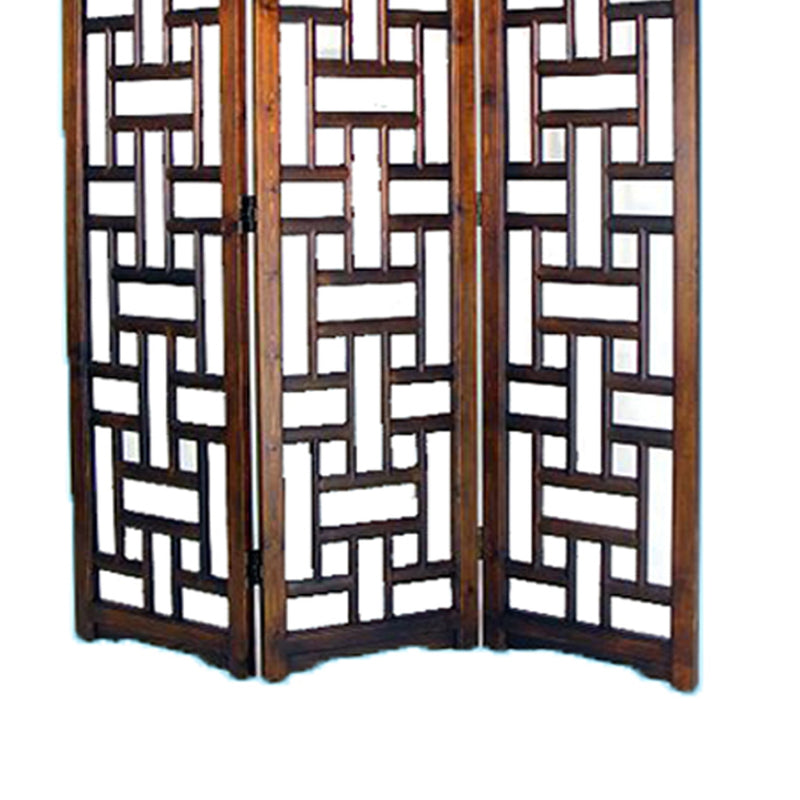 Wooden 3 Panel Room Divider with Cut Out Rectangle Pattern, Brown-zoom-