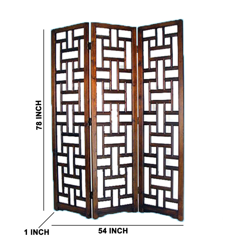 Wooden 3 Panel Room Divider with Cut Out Rectangle Pattern, Brown-zoom-